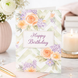 Pastel Peach Lavender Floral Sage Chevron Birthday Kaart