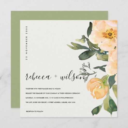 PASTEL PEACH PEONY FLORAL WATERVERF WEDING KAART (Voorkant / Achterkant)
