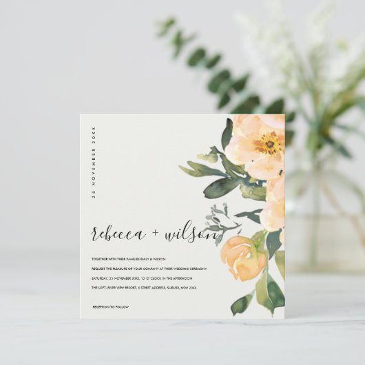 PASTEL PEACH PEONY FLORAL WATERVERF WEDING KAART (Staand voorkant)