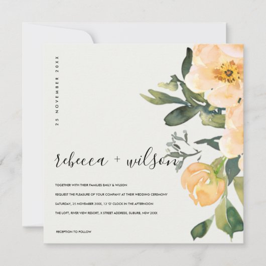 PASTEL PEACH PEONY FLORAL WATERVERF WEDING KAART (Voorkant)