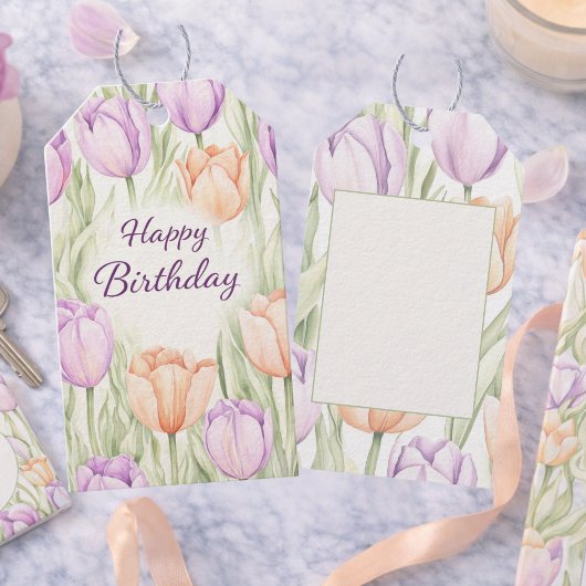 Pastel Peach Purple Spring Floral Happy Birthday Cadeaulabel