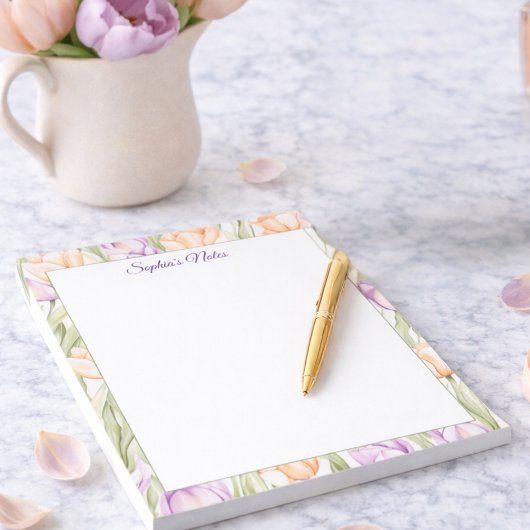 Pastel Peach Purple Spring Floral Name Notepad Notitieblok