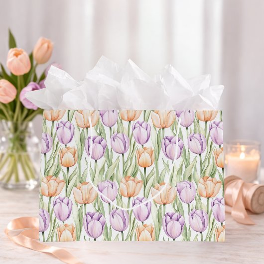 Pastel Peach Purple Tulips Spring Floral Gift Bag Groot Cadeauzakje