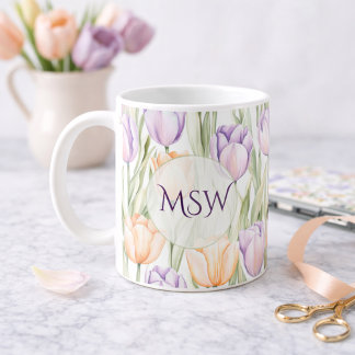 Pastel Peach Purple Tulips Spring Floral Monogram Koffiemok