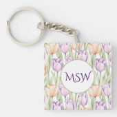 Pastel Peach Purple Tulips Spring Floral Monogram Sleutelhanger (Voorkant)