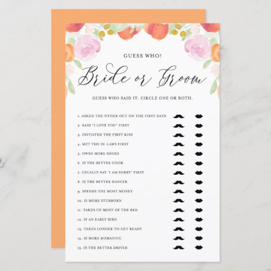 Pastel Peach raad wie bride of Groom Shower Game (Voorkant / Achterkant)