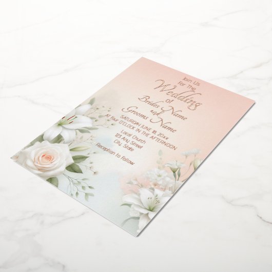 Pastel Peach Roos en Lily Folie Uitnodiging (Gedraaid)