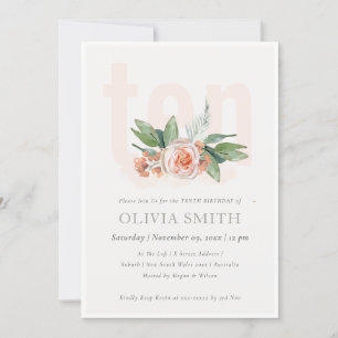 Pastel Peach Roos Floral Bunch 10 Birthday Invite Bedankkaart