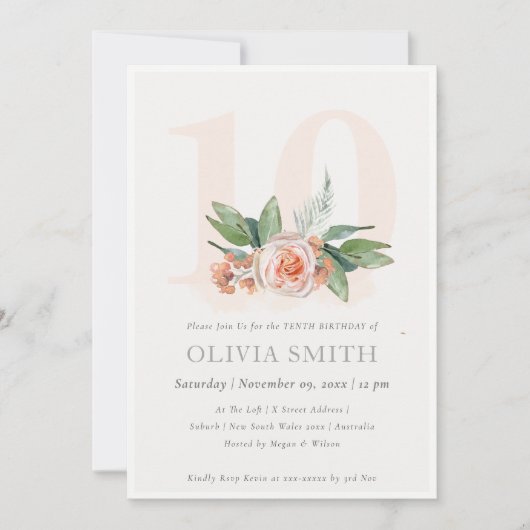 Pastel Peach Roos Floral Bunch 10 Birthday Invite Bedankkaart (Voorkant)