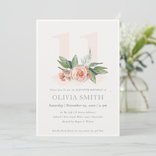 Pastel Peach Roos Floral Bunch 11 Birthday Invite Bedankkaart (Staand voorkant)