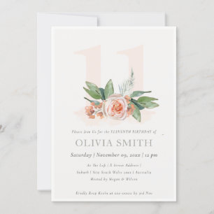 Pastel Peach Roos Floral Bunch 11 Birthday Invite Bedankkaart