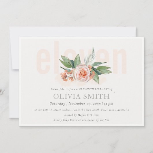 Pastel Peach Roos Floral Bunch 11 Birthday Invite Bedankkaart (Voorkant)