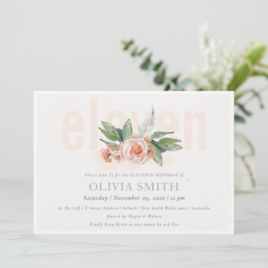 Pastel Peach Roos Floral Bunch 11 Birthday Invite Bedankkaart (Staand voorkant)