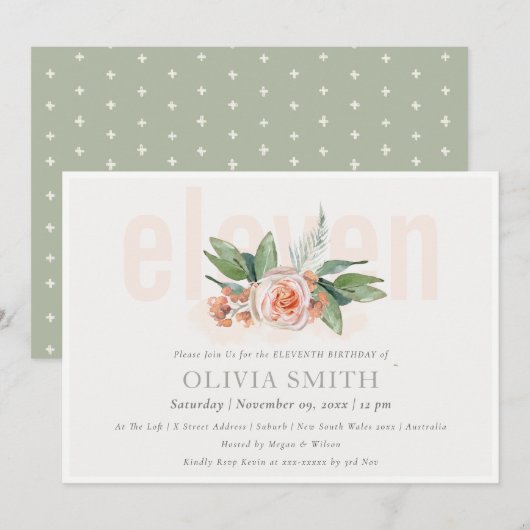 Pastel Peach Roos Floral Bunch 11 Birthday Invite Bedankkaart (Voorkant / Achterkant)