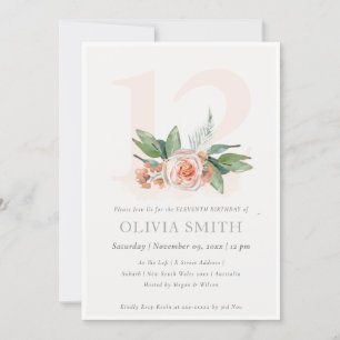Pastel Peach Roos Floral Bunch 12 Birthday Invite Bedankkaart