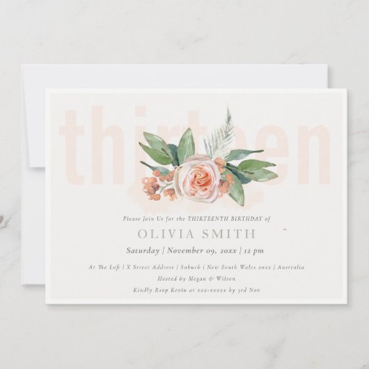 Pastel Peach Roos Floral Bunch 13 Birthday Invite Bedankkaart (Voorkant)