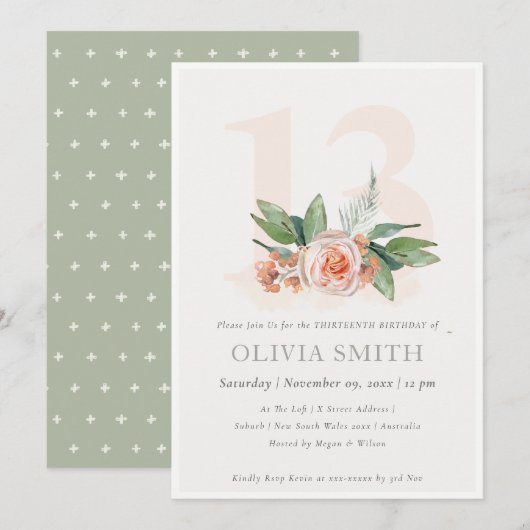 Pastel Peach Roos Floral Bunch 13 Birthday Invite Bedankkaart (Voorkant / Achterkant)
