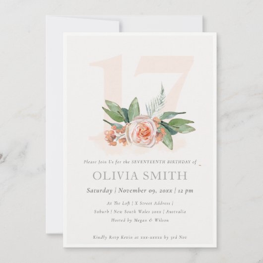 Pastel Peach Roos Floral Bunch 17 Birthday Invite Bedankkaart (Voorkant)