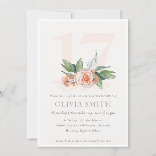 Pastel Peach Roos Floral Bunch 17 Birthday Invite Bedankkaart