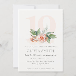 Pastel Peach Roos Floral Bunch 19 Birthday Invite Bedankkaart