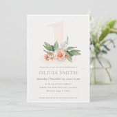 Pastel Peach Roos Floral Bunch 1st Birthday Invite Bedankkaart (Staand voorkant)