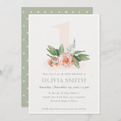 Pastel Peach Roos Floral Bunch 1st Birthday Invite Bedankkaart (Voorkant / Achterkant)