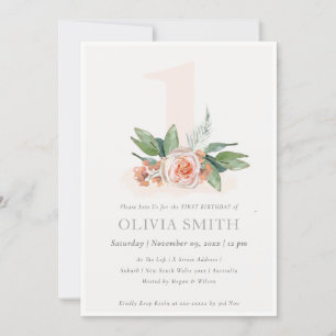 Pastel Peach Roos Floral Bunch 1st Birthday Invite Bedankkaart
