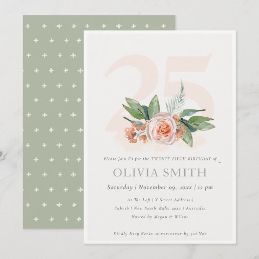 Pastel Peach Roos Floral Bunch 25 Birthday Invite Bedankkaart (Voorkant / Achterkant)