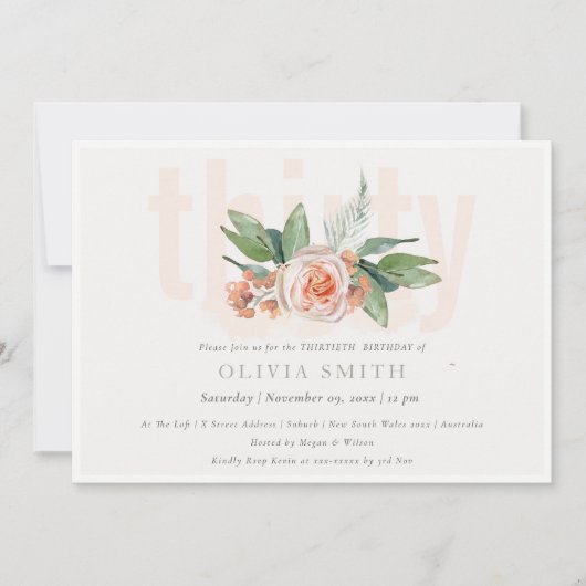Pastel Peach Roos Floral Bunch 30 Birthday Invite Bedankkaart (Voorkant)