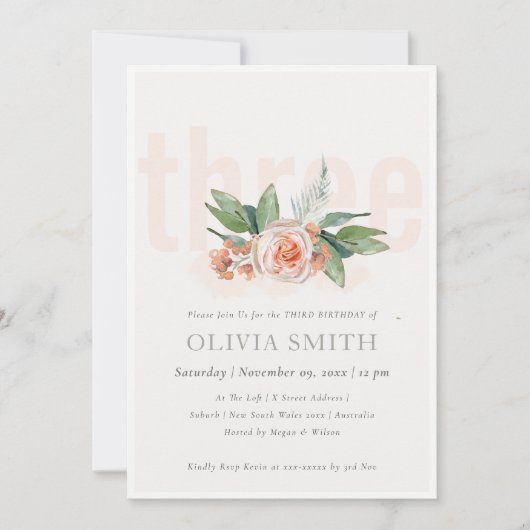 Pastel Peach Roos Floral Bunch 3rd Birthday Invite Bedankkaart (Voorkant)
