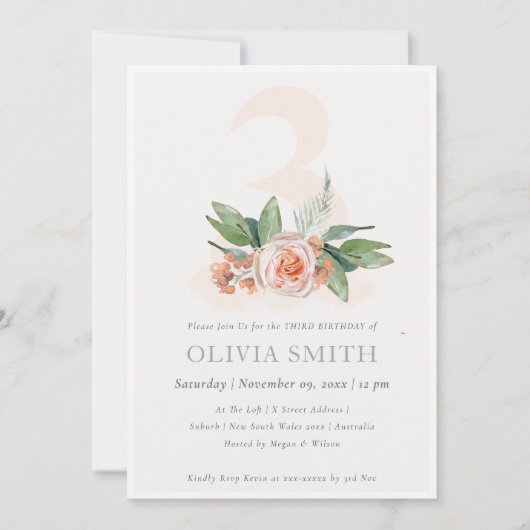 Pastel Peach Roos Floral Bunch 3rd Birthday Invite Bedankkaart (Voorkant)