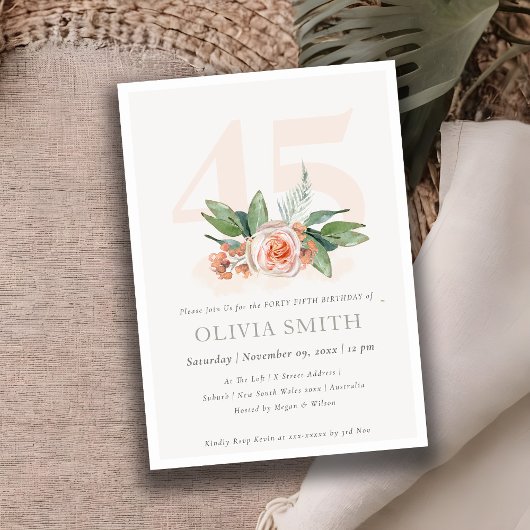 Pastel Peach Roos Floral Bunch 45 Birthday Invite Bedankkaart