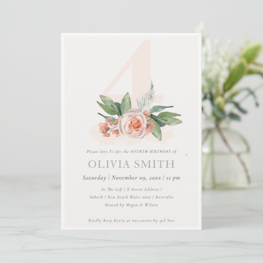 Pastel Peach Roos Floral Bunch 4th Birthday Invite Bedankkaart (Staand voorkant)