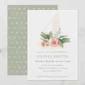 Pastel Peach Roos Floral Bunch 4th Birthday Invite Bedankkaart (Voorkant / Achterkant)