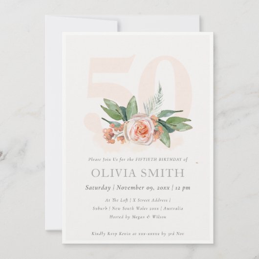 Pastel Peach Roos Floral Bunch 50 Birthday Invite Bedankkaart (Voorkant)