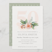 Pastel Peach Roos Floral Bunch 50 Birthday Invite Bedankkaart (Voorkant / Achterkant)