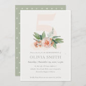 Pastel Peach Roos Floral Bunch 5th Birthday Invite Bedankkaart (Voorkant / Achterkant)