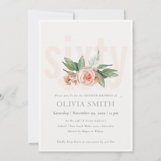 Pastel Peach Roos Floral Bunch 60 Birthday Invite Bedankkaart (Voorkant)