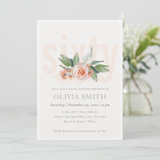 Pastel Peach Roos Floral Bunch 60 Birthday Invite Bedankkaart (Staand voorkant)