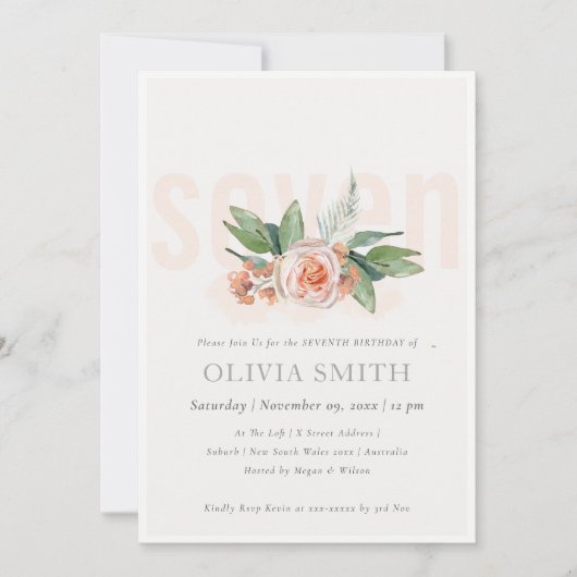 Pastel Peach Roos Floral Bunch 7th Birthday Invite Bedankkaart (Voorkant)