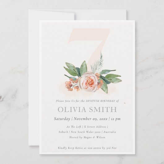Pastel Peach Roos Floral Bunch 7th Birthday Invite Bedankkaart (Voorkant)