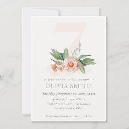 Pastel Peach Roos Floral Bunch 7th Birthday Invite Bedankkaart