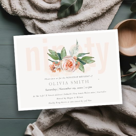 Pastel Peach Roos Floral Bunch 90 Birthday Invite Bedankkaart