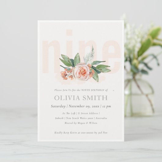 Pastel Peach Roos Floral Bunch 9th Birthday Invite Bedankkaart (Staand voorkant)