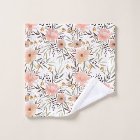 Pastel Peach roze Olive Brown | Floral Pattern Bad Handdoek (Wasdoekje)