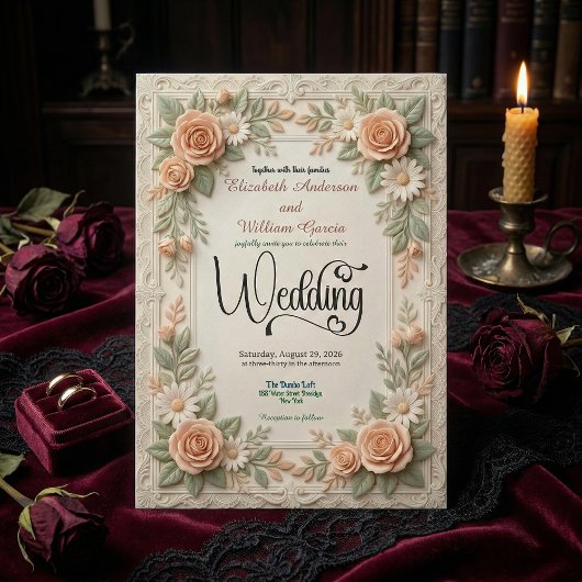 Pastel Peach & Sage Green Floral Garden Wedding Kaart