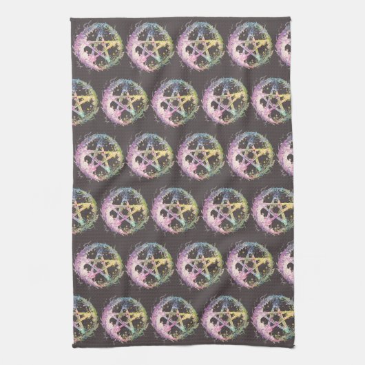 Pastel Pentagram Witchcraft Donkergrijs Halloween Theedoek (Verticaal)