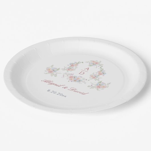 Pastel Peonies Frame Wedding Monograms Papieren Bordje (Gekanteld)