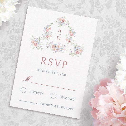 Pastel Peonies Frame Wedding Monograms RSVP Card Kaartje