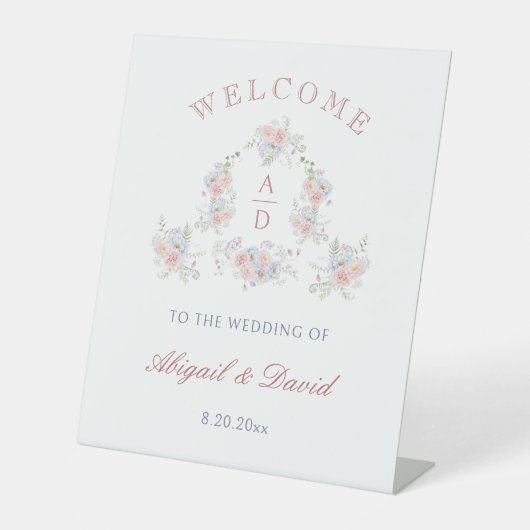 Pastel Peonies Frame Wedding Monograms Welcome Reclamebord Met Voetstuk (Voorkant)